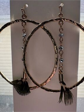 Express Gold Hoops with Green Feather Accent